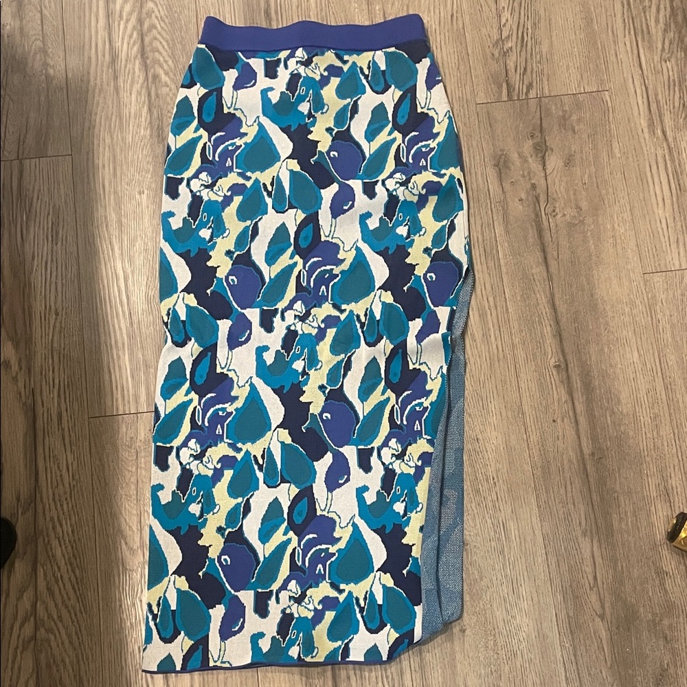 STAUD Blue and White Abstract Maxi Skirt